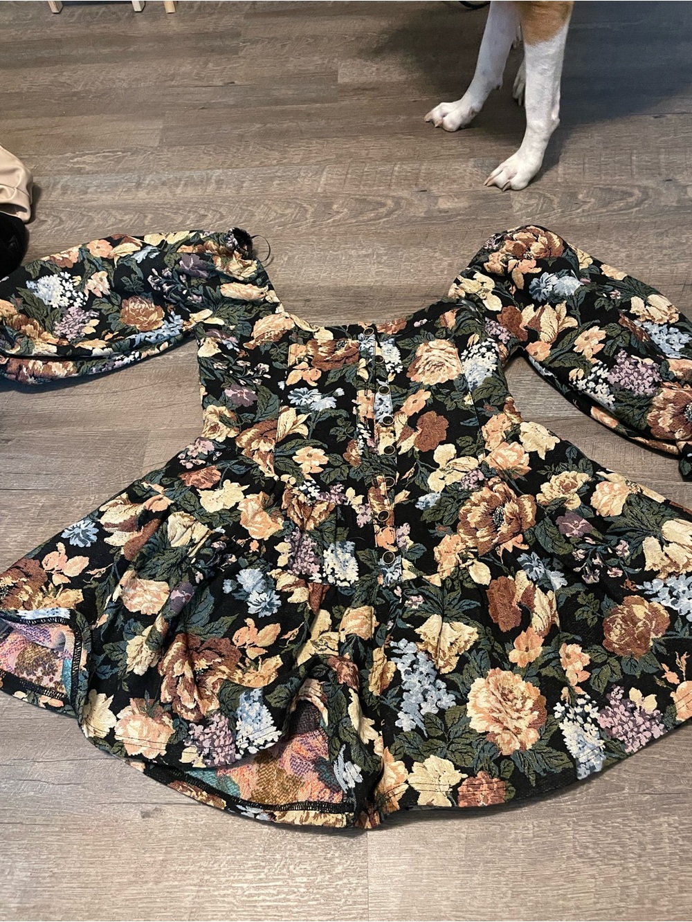 Promesa Black Floral Puff-Sleeve Dress with Autumn Blooms